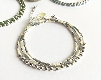 Wrap around three-strand Bracelet - Seed Bead Bracelet - seed bead wrap bracelet - Gray and white tiny beads - Sterling Silver  | "Starfish"