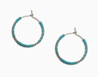 Silver hoop earrings, Blue turquoise beaded hoop earrings