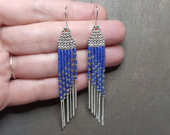 Blue Sterling beaded fringe earrings 8cm / 3.1", Handmade beadwork dangle earrings with silver chains, Delicate gift for her / "Asas"