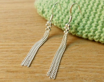 Sterling silver fringe earrings, Chain tassel dangle earrings with woven beads, Fine elegant gif for her, Height: 5,2cm (2 '') / "Adèle"
