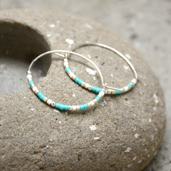 Créoles Argent 925 turquoise - Diamètre: 2,7 cm - Boucles d'oreilles argent 925 anneaux / "Nimos"