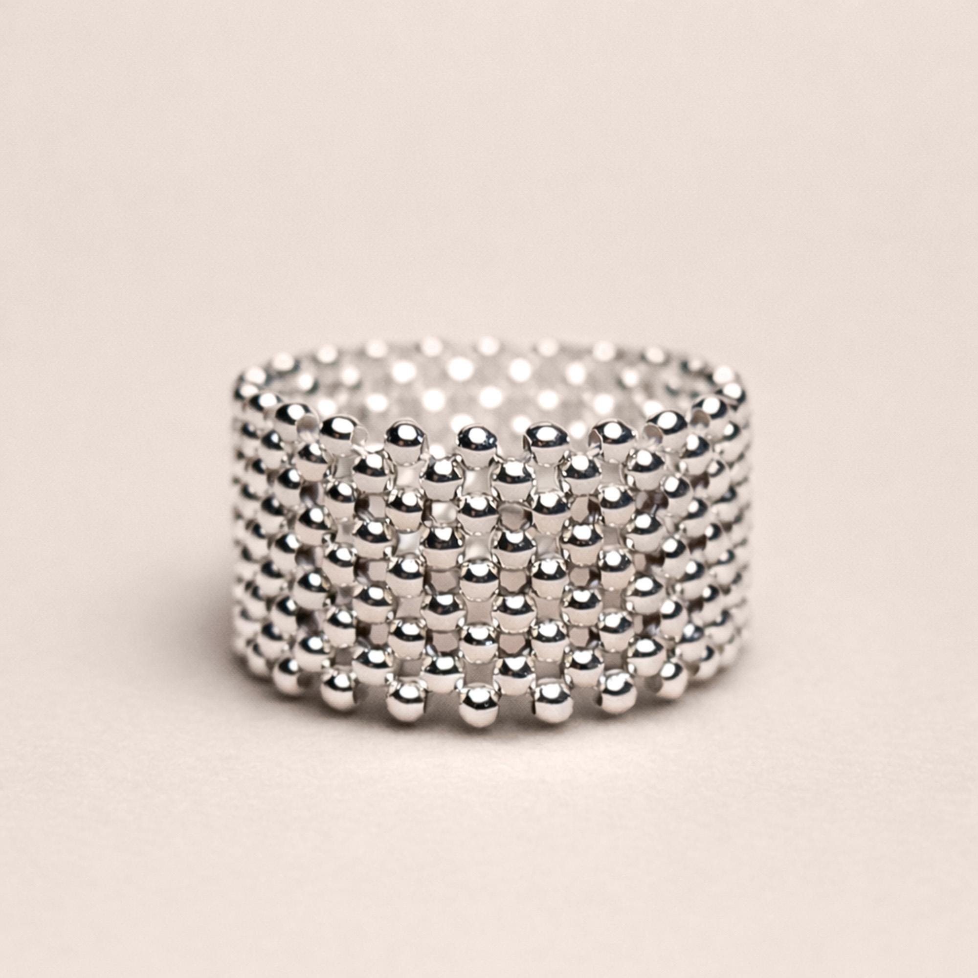 Silver Beaded Rings Wide Silver Band Ring for Women, Silver Cuff Ring, Beaded Large Ring ...
