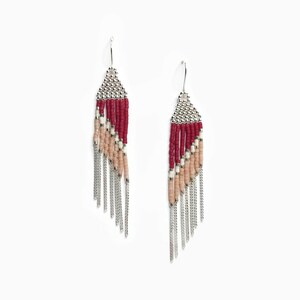 Red Sterling beaded fringe earrings 8cm / 3.1, Handmade beadwork dangle earrings with silver chains, Delicate gift for her / Asas image 6