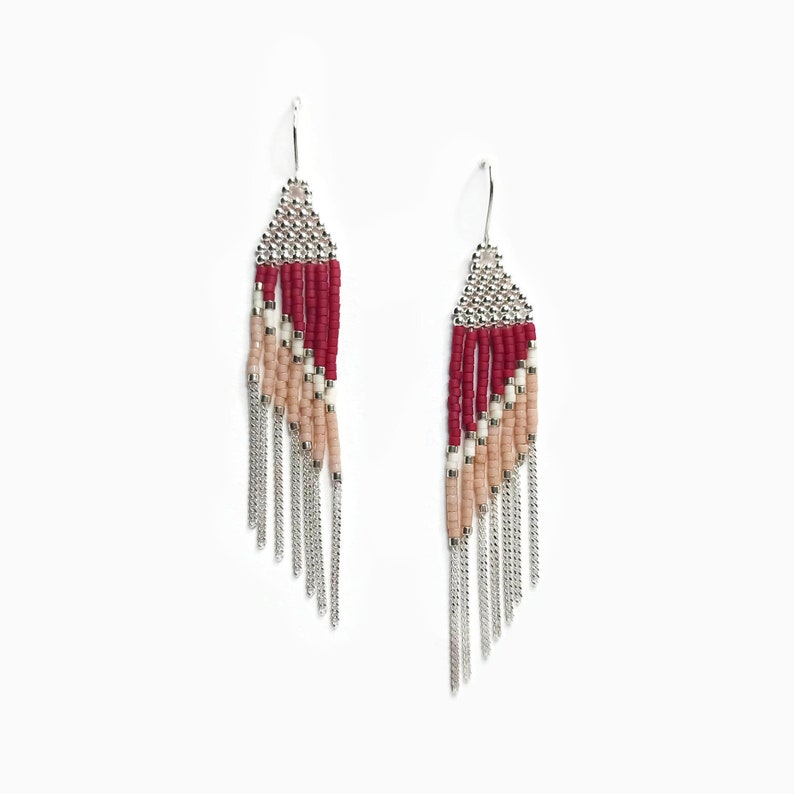 Red Sterling beaded fringe earrings 8cm / 3.1, Handmade beadwork dangle earrings with silver chains, Delicate gift for her / Asas image 6