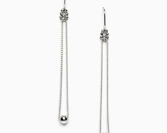 Sterling Silver Threader Earrings with silver ball - Dainty Long Chain earrings - Fine Dangle jewelry / "Anton"