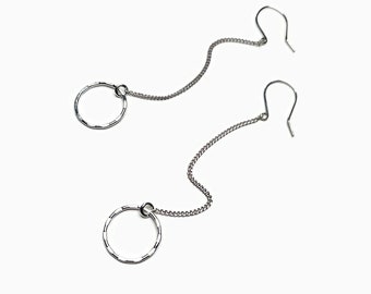 Boucles d'oreilles pendantes Argent Cercle, Boucles d'oreilles Chaine Argent, boucles d'oreilles longues chaine et rond