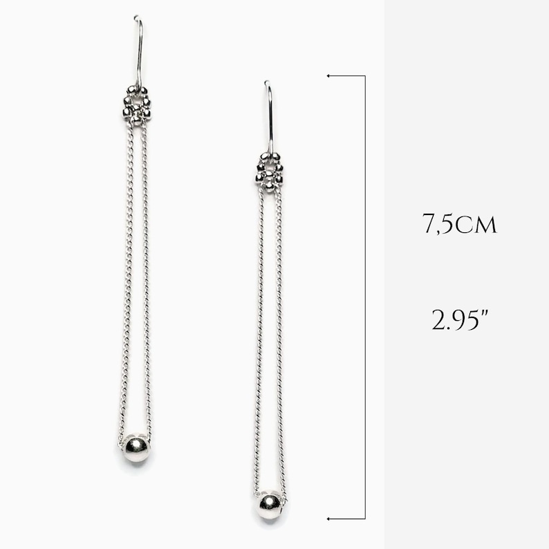 Boucles d'oreilles pendantes Argent boule, Boucles d'oreilles longues chaine et perle d'argent / Anton image 3