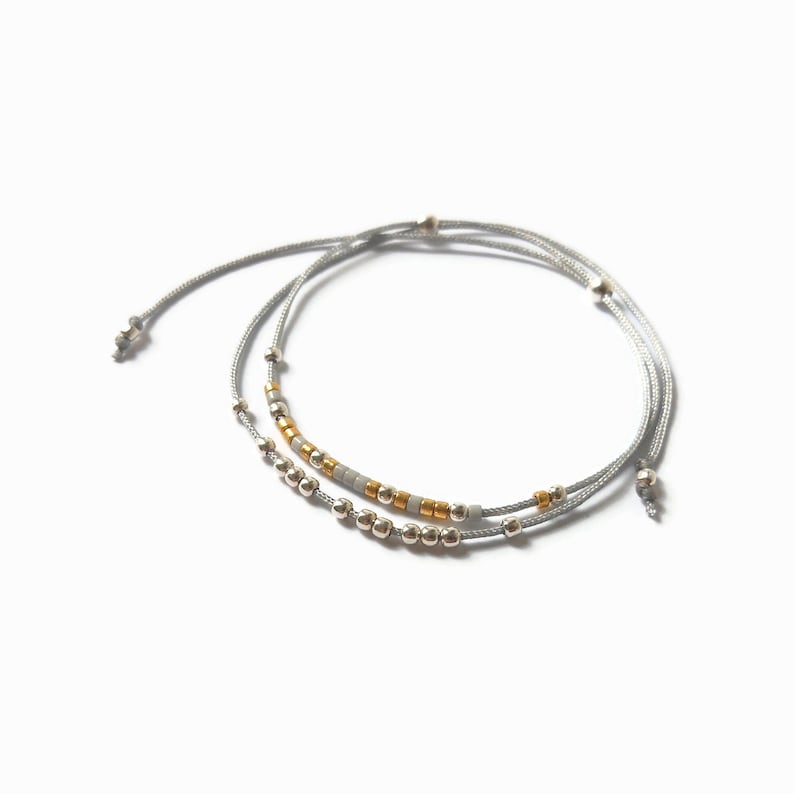 Bracelet cordon Boules Argent double tour Bracelet lien gris à nouer Tailles sur-mesure /Snow image 2