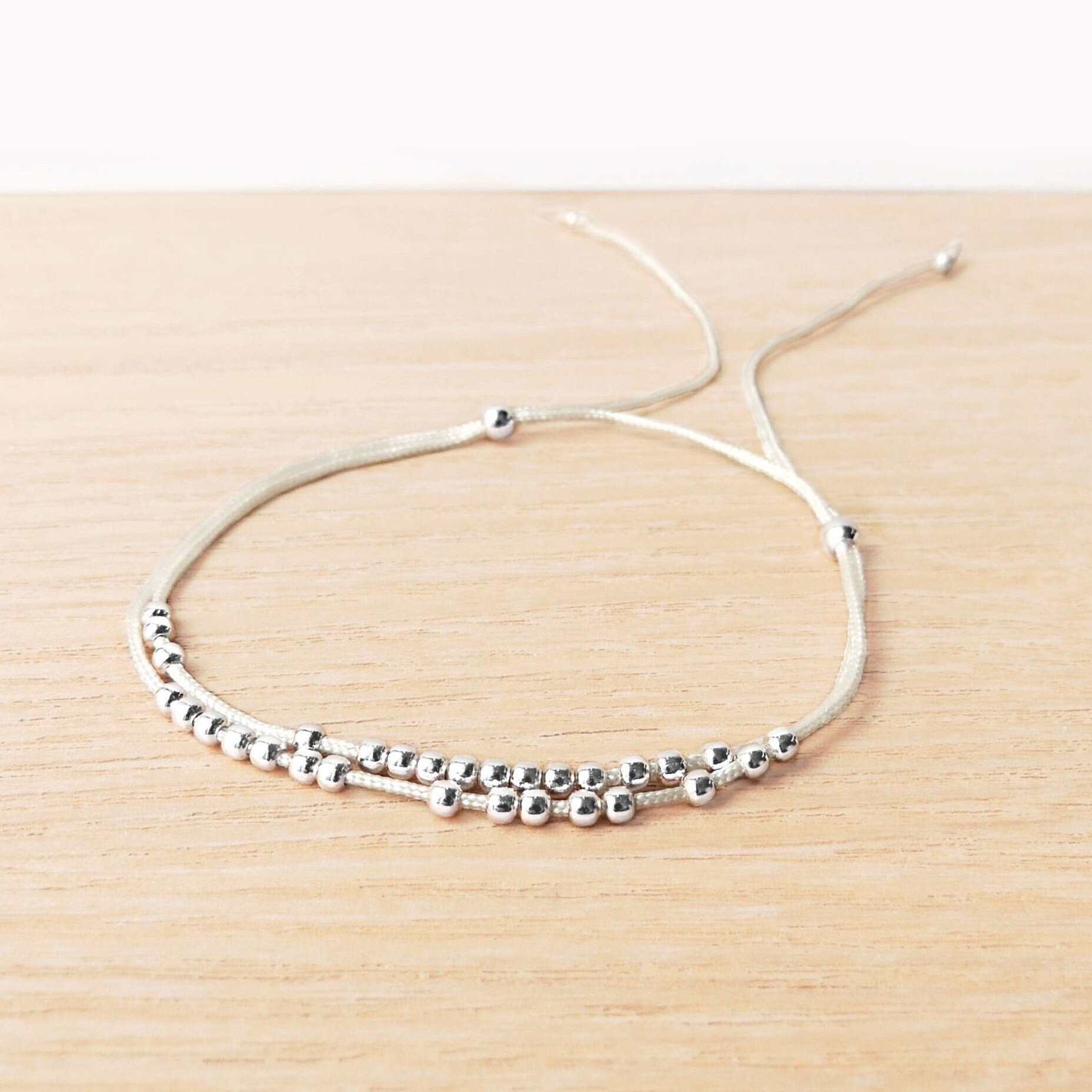 White Cord Bracelet with Sterling Silver Beads - Adjustable Double Wrap Bracelet - Boho gift for her / "Fleur de givre"