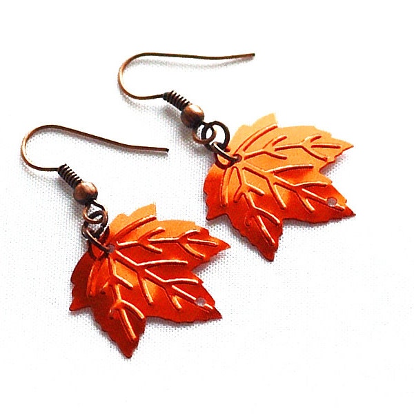 Copper-Orange Leaf Sequin Earrings, Party Earrings, Autumn Earrings with Red Copper Ear-Wires, Leaf Jewellery