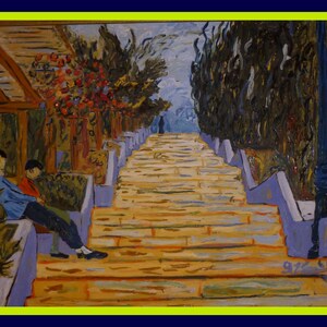 ORIGINAL Oil Painting: BREAK in front of STAIRS at Teneriffer/ Modern Fine Art with frame.