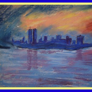 ORIGINAL: NYC PAINTING/New York with twin towers in the Morning . Original Handmade Fine Art Pastel On Paper.
