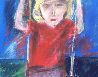 ORIGINAL: Child in the swing. Original Handmade Fine Art Pastel on Cardboard.