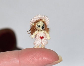 Miniature Crochet Bear - Miniature Teddy Bear Girl with Heart Micro Bear Doll - Dollhouse Bear Mini Stuffed Teddy Bear Toy Gift Idea for Her