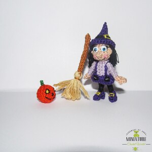Miniature Halloween Doll Cute Croched Dollhouse Doll Tiny Pumpkin and Broom Small Ooak Doll Girl Dolls for Dollhouses Halloween Gift Idea