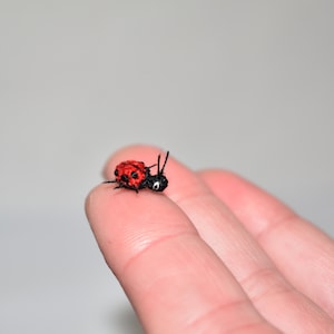 Könnte beinhalten: Ein kleiner, rot-schwarzer Marienkäfer aus Garn sitzt auf einem Finger.