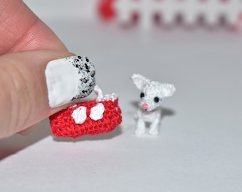 Miniature Chihuahua and Purse 0.8" Micro Crochet Dog Tiny Crochet Animals Dollhouse Pet Toy Custom Miniature Dog Portrait Chihuahua Gift