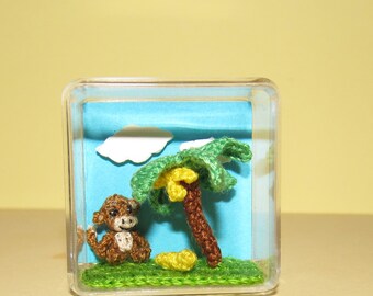 EXTREMADAMENTE Micro Mono y Banana Palm - Miniatura Crochet Mono Micro animales Dollhouse mono juguete ooak única imagen en miniatura 3D