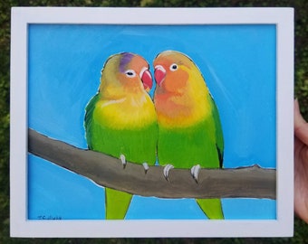 Original Lovebirds Acrylic Painting: Colorful Bird Art, 8x10