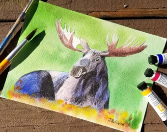 Original Moose Watercolor Painting: Wildlife Cabin Decor Art