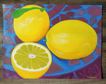 Lemon Painting, Lemon Kitchen Decor, Fruit Artwork, Lemon Gifts for Women, Citrus Gift, Birthday Gift for Mom from Kids, Yellow Art Work