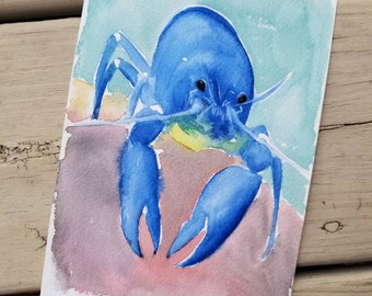 Blue Lobster Watercolor Painting: Original Sealife Art (5x7)