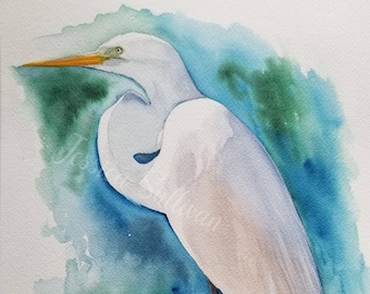 Egret Watercolor Painting, Original Bird Art, Coastal Wall Decor