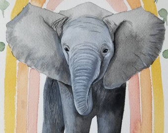 Original Elephant Painting, Rainbow Elephant Nursery Art, Gift for Baby Niece, Elephant Lover Gift, Boho Nursery Gender Neutral