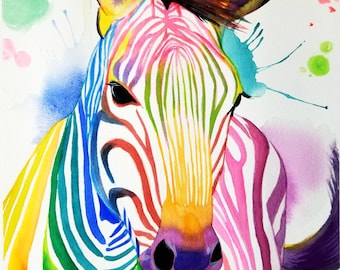 Original Rainbow Zebra Watercolor Painting: Colorful Kids Room Art
