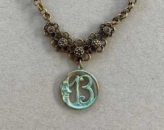 Lucky 13 Moon Necklace Verdigris Favorite Number Thirteen Good Luck Boho Jewelry in various finishes
