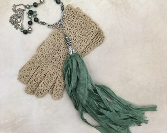 Long Sari Silk Tassel Necklace, Boho Silver Filigree Connector