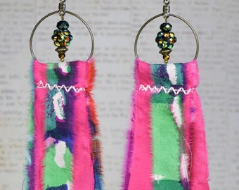 Upcycled Silk Earrings, Boho Hippie Style, Wild Jewelry