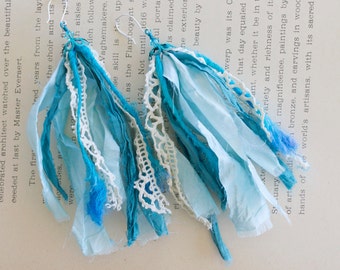 Blue Sari Silk Earrings with Crystal and Vintage Lace