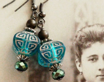 Boho Chic Oriental Asian Style Earrings with Vintage Blue Beads, Boho Jewelry, Bohemain Gypsy Style