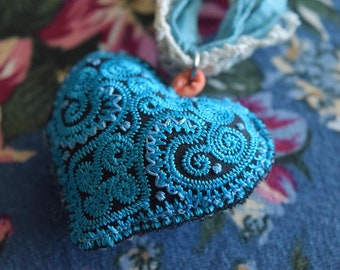 Blue Sari Silk Necklace with Embroidered Heart and Vintage Lace