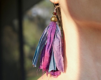 Purple and Blue Sari Silk Bohemian Earrings, Hippie Boho Style Jewelry, Sari Ribbon Earrings, Sari Silk Ribbon Tassel