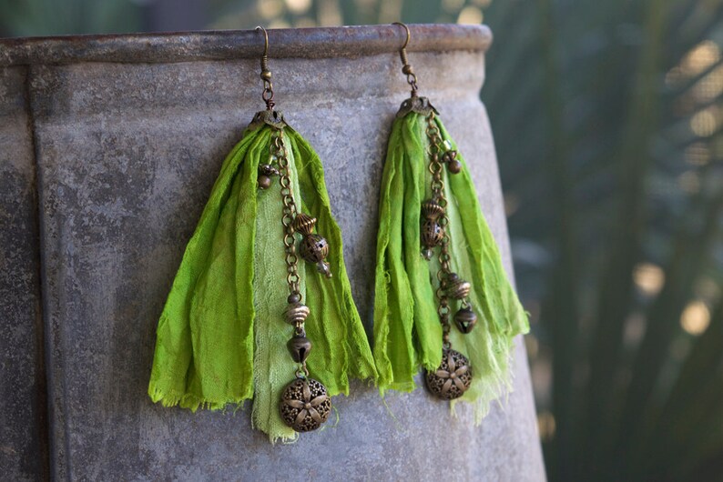Two Tone Green Sari Silk and Upcycled Silk Earrings with image 2