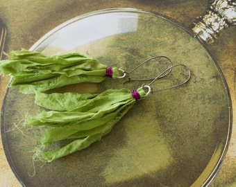 Green Chiffon Sari Silk Earrings with Amethyst Wire Wrap