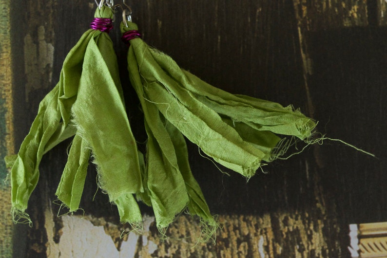Green Chiffon Sari Silk Earrings with Amethyst Wire Wrap image 2