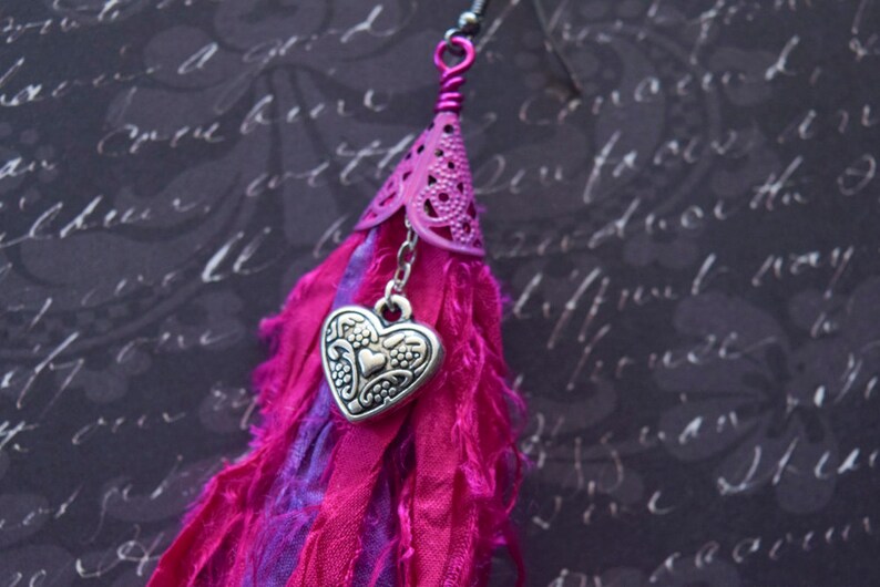 Fuscia and Purple Sari Silk Earrings with Heart image 3