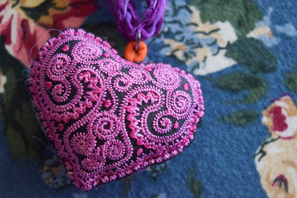 Pink Embroidered Heart Pendant on Purple Sari Silk Necklace Etsy