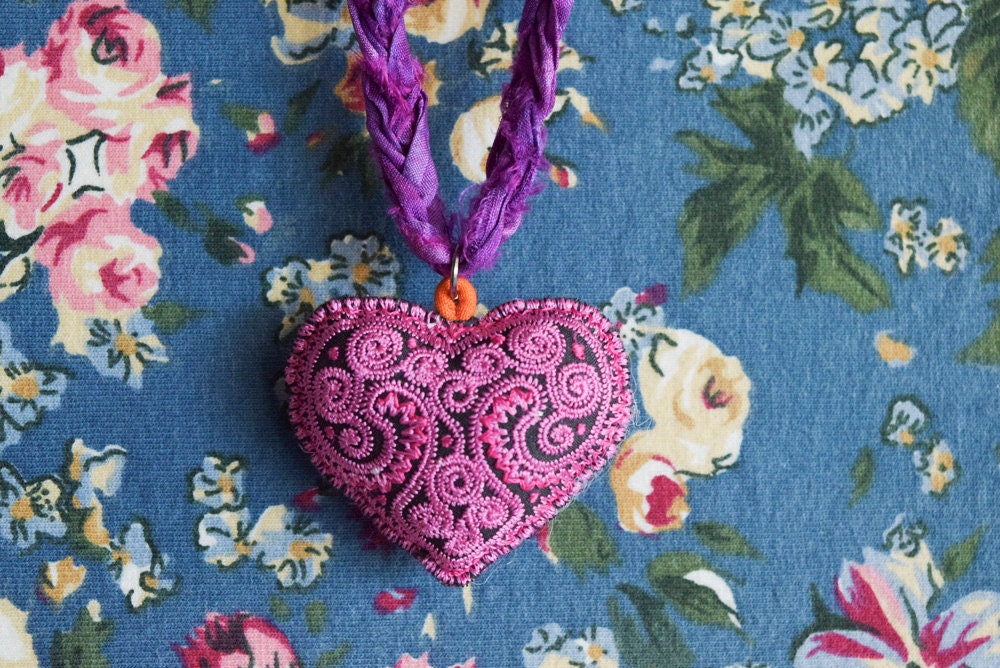 Pink Embroidered Heart Pendant on Purple Sari Silk Necklace Etsy