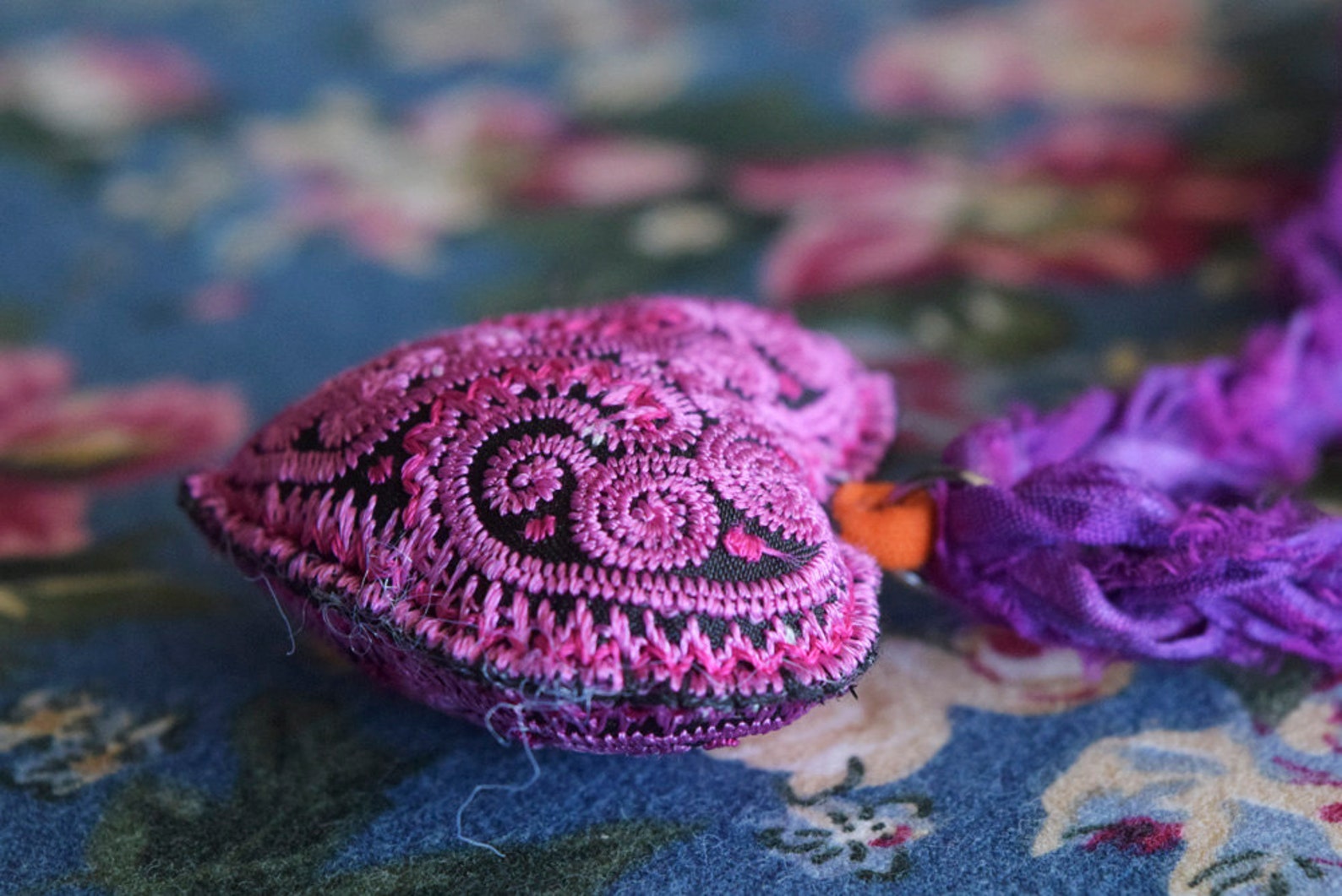 Pink Embroidered Heart Pendant on Purple Sari Silk Necklace Etsy