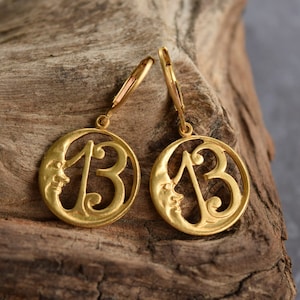 Lucky Number 13 Moon Earrings (Pair), Thirteen Earrings, Brass 13 Crescent Moon Medallion with Brass Leverback Ear Wireso