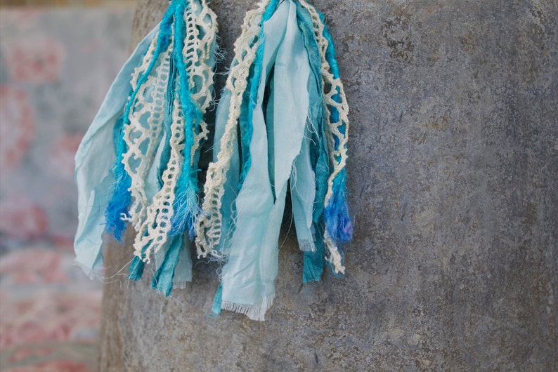 Blue Sari Silk Earrings with Crystal and Vintage Lace image 3