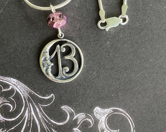 Number 13 Moon Necklace with Pink Glass Bead on 18” Sterling Silver Snake Chain