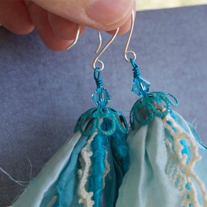 Blue Sari Silk Earrings with Crystal and Vintage Lace image 5