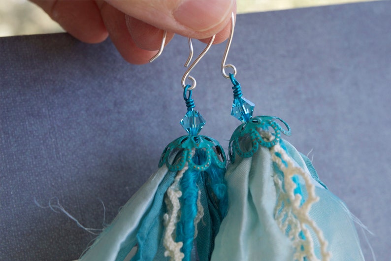 Blue Sari Silk Earrings with Crystal and Vintage Lace image 5