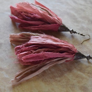 Boho Style Coppery Salmon and Tan Sari Silk Earrings with Filigree Cone Cap image 1