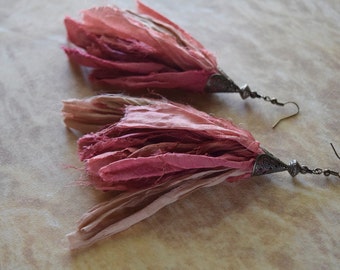 Boho Style Coppery Salmon and Tan Sari Silk Earrings with Filigree Cone Cap